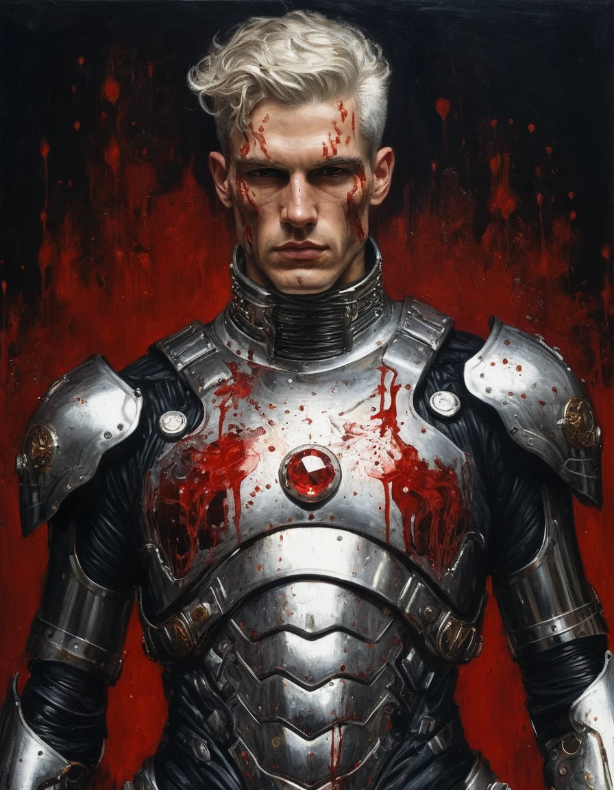 {{Masterpiece, best quality, oil painting, by Gustav Klimt, by Franz von Stuck, by J. C. Leyendecker}}, ((((((the full body portrait of a 30 year old male cyborg, manly, tall, lean, he has blood covered silver hair, splattered in blood scarred face, sullen, arrogant, haughty, majestic, furious)))))), (((He is splattered in blood, wearing a blood covered cyborg plate armor, with a red diamond shape on his chest))). (((burning Jungle, covered in blood background)))