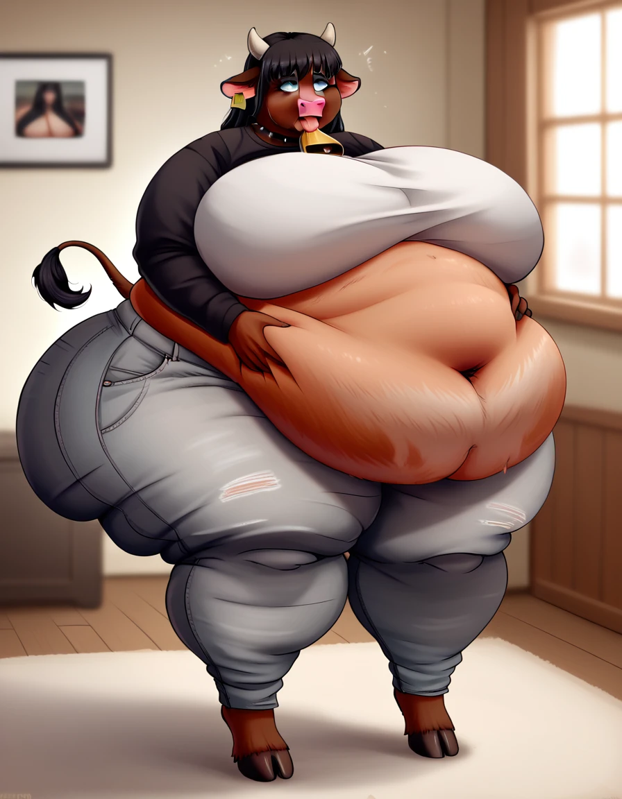 Female, cow, ((anthro cow girl)), bovine, cow woman, bovine, cow girl, cow, (cow woman), a goth woman, fluffy body, dark brown fur, brown fur, black spots, black noes, cow noes, cow, cow face, a tall and curvy figure, highres, and a hyper massive voluptuous body. She has large thick fat breasts, (gigantic breasts, 1.5), she has thick breasts, an extremely thick giant fat enormous sexy huge humongous gigantic ass, thick figure. The woman has cute short dark black hair, detailed eyes, blue eyes, and is wearing cute glasses. She has a seductive expression, ahegao expression, moaning. The woman is wearing a large black sweater and gray leggings, wearing a spiked choker, wearing black makeup, (black eye shadow), and has cow horns, cow hooves, a long cow tail, {(cow tail)}, (tail). She is standing in her bedroom, holding her belly, sweating, moaning, and gaining weight, with a sexy fat body. ((obese, fat, excess fat)), (morbidly obese body:1.5) (fat neck and chin), xxxxl size belly. (Very large thighs) (((Colossal thighs, massive thighs, very large thighs))), full body, masterpiece, (NSFW), (exaggerated proportions), (hentai), (perfect anatomy), ((detailed manga illustration)), (detailed face), (4k wallpaper), (best quality,4k,8k,highres,masterpiece:1.2),ultra-detailed,(realistic,photorealistic,photo-realistic:1.37),HDR,UHD,studio lighting,ultra-fine painting,sharp focus,physically-based rendering,extreme detail description,professional,vivid colors,bokeh,portraits,goth, fantasy