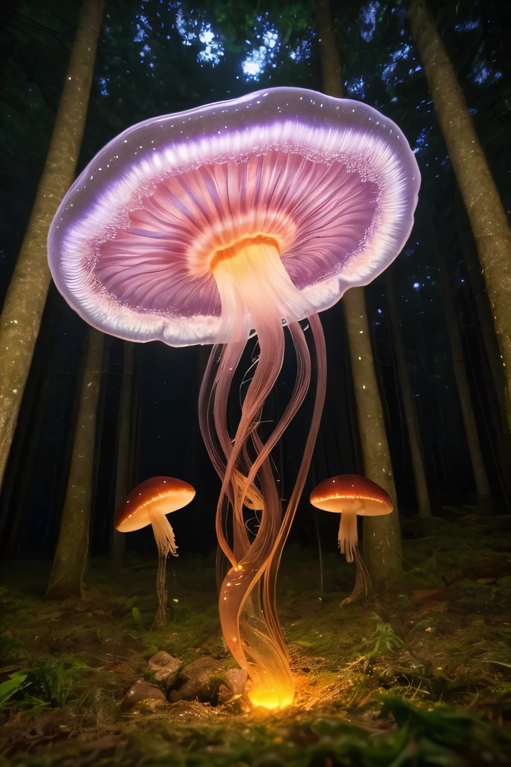 lots of small jellyfish forest with mushrooms glowing in the dark, a forest fantasy in a nature scenery, lots of small jellyfish