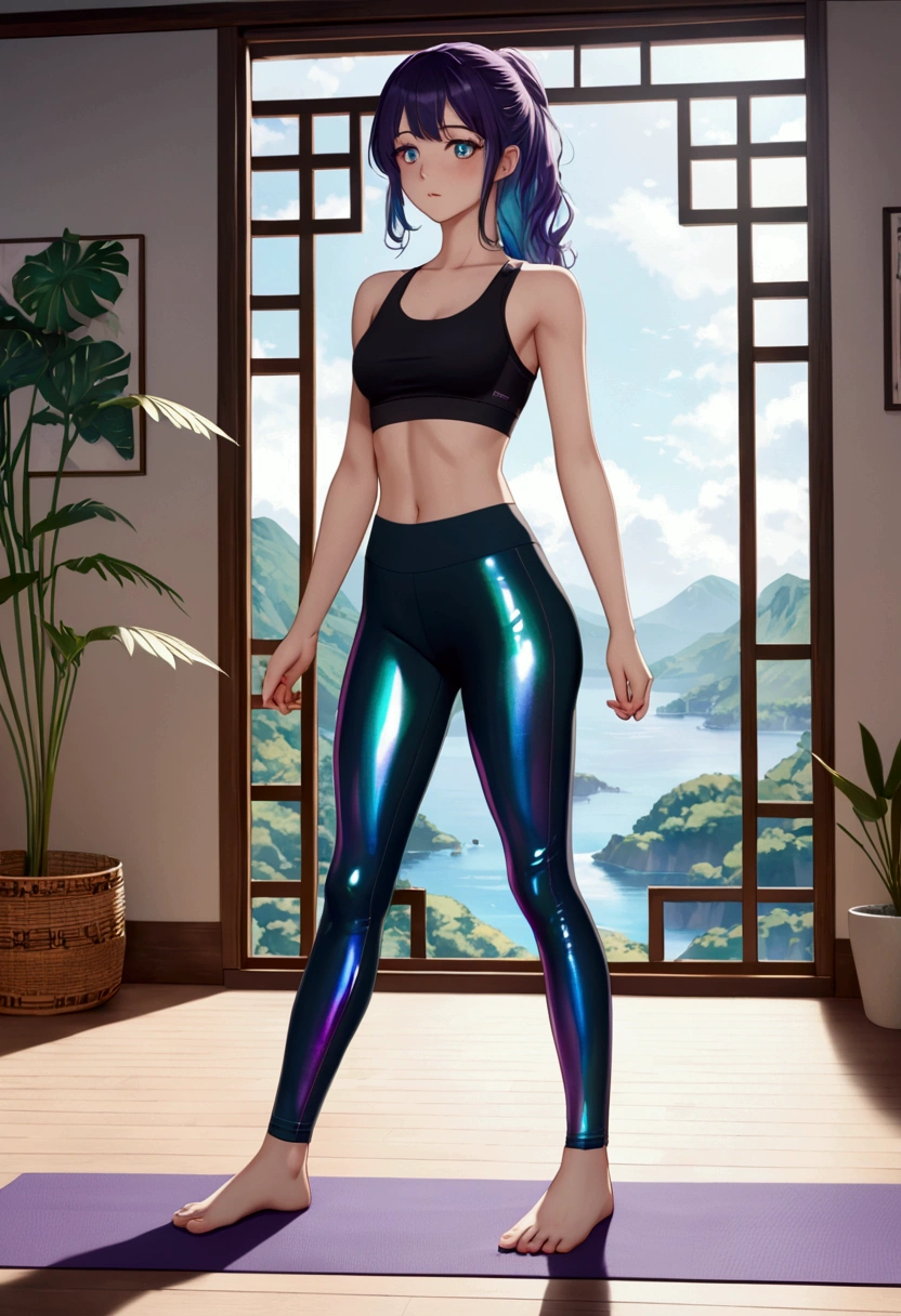 Anime girl,dark iridescent hair, iridescent eyes,perfect 18 year old body, yoga pants,detailed hair, detailed face,full view,best quality, high resolution, 8k