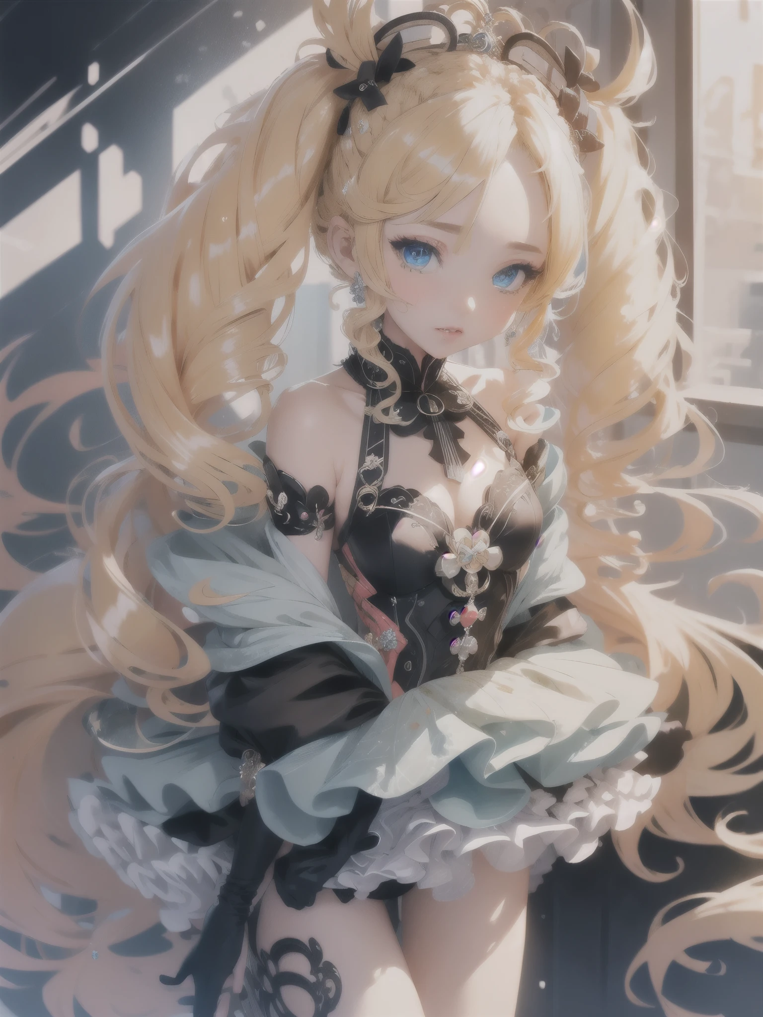 hair ornament, extreme details, twintails, masterpiece, genshin_impact,blue_eyes,blonde_hair,barbara \(genshin impact\)