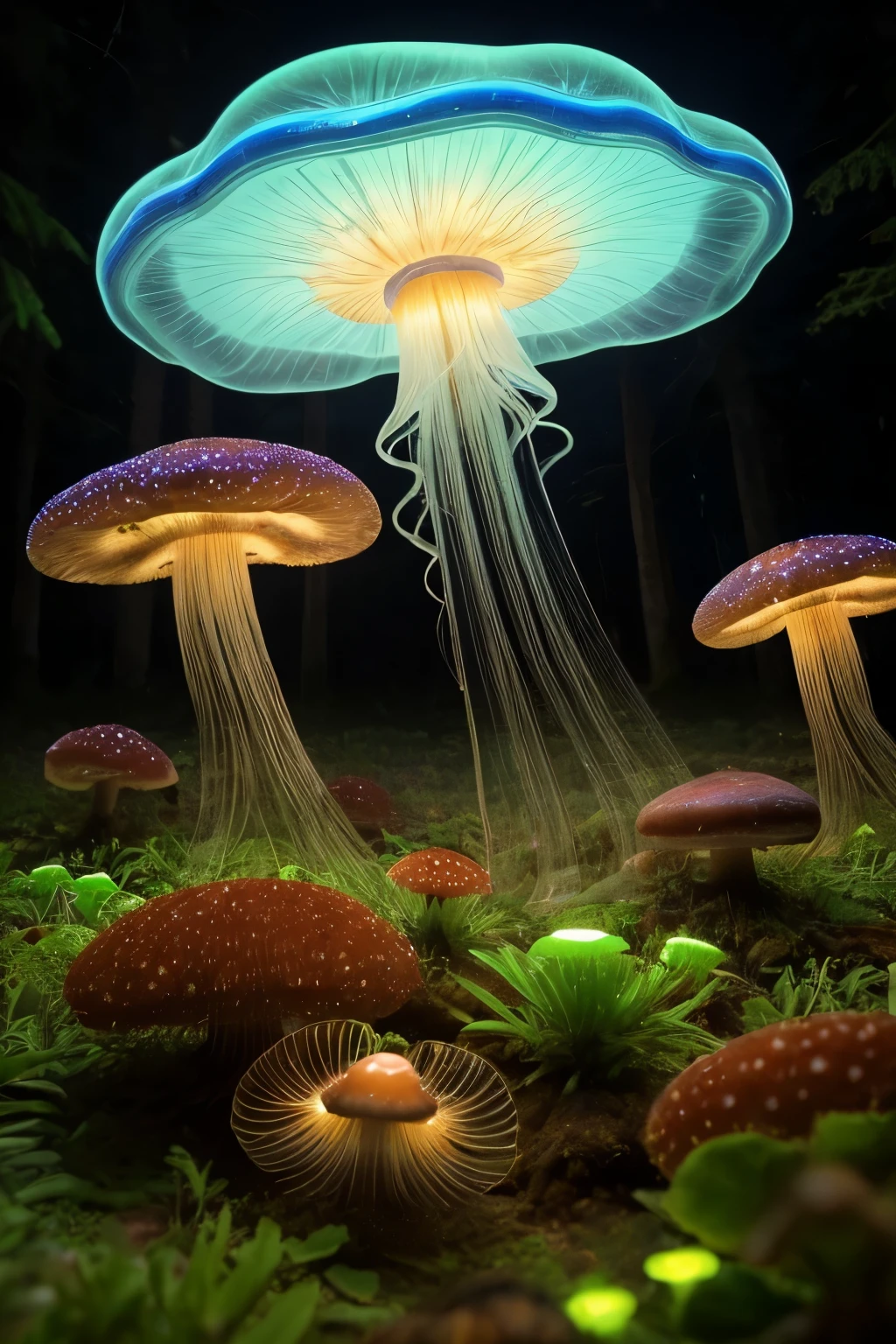 lots of small jellyfish forest with mushrooms glowing in the dark, a forest fantasy in a nature scenery, lots of small jellyfish
