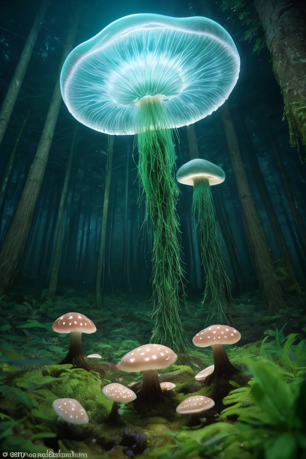 lots of small jellyfish forest with mushrooms glowing in the dark, a forest fantasy in a nature scenery, lots of small jellyfish