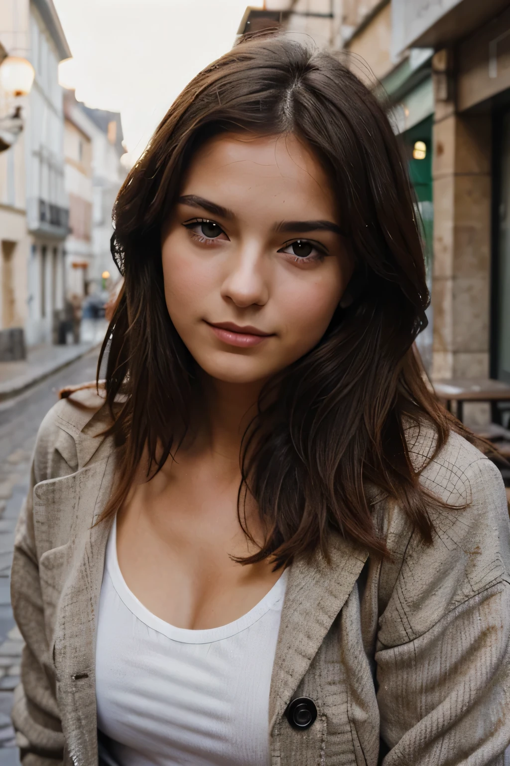 Cute beautiful sexy European light-green-eyed brunette, 22 years old,
girl is wearing white hoodie, regular fit, regular length, skinny fit jeans, heels, (Skindentation),girl is in focus, background is out of focus, depth of field, seductive sardonic smile, shopping street,
tiny waist, very detailed, innocent face, face-length 1.3 times the face-width, almond-shaped eyes, squared face-shape, high cheekbones, naturally wavy hair, light-green eyes, high-res, masterpiece, best quality, intricate details, very detailed, sharp focus, detailed skin, realistic skin texture, texture, detailed eyes, professional, 4k, charming smile, shot with Canon, depth of field, Kodak Vision color, perfectly fitting body, extremely detailed, photo_\( ultra\), photorealistic, realistic, post processing, maximum details, roughness, real life, ultrarealistic, photorealism, photography, 8k UHD, photography