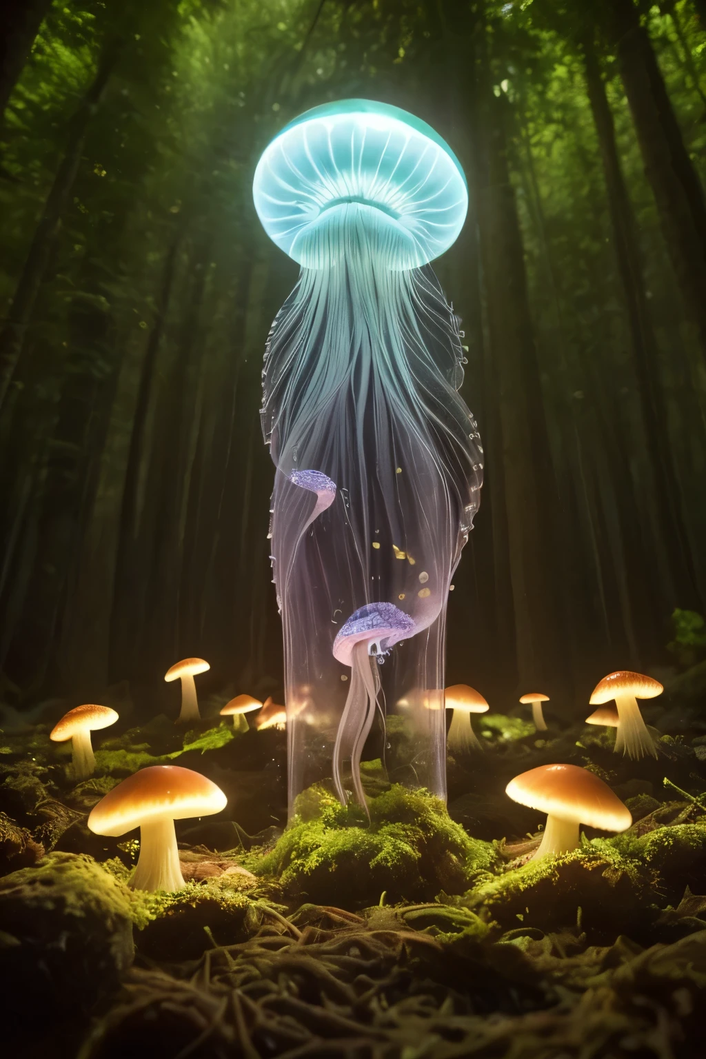 lots of small jellyfish forest with mushrooms glowing in the dark, a forest fantasy in a nature scenery, lots of small jellyfish