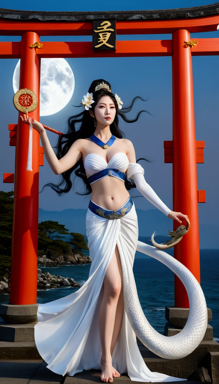 Highest quality, masterpiece, Ultra-high resolution, (Realistic photos:1.4), Surrealism, Beautiful Goddess,Beauty,Fusion Art, The goddess comes, Japanese Gods, Beautiful Saraswati, Controlling the White Snake, Large Breasts, Muscular, Full Moon Sea, SakuraFubuki, Shrine torii gate,
