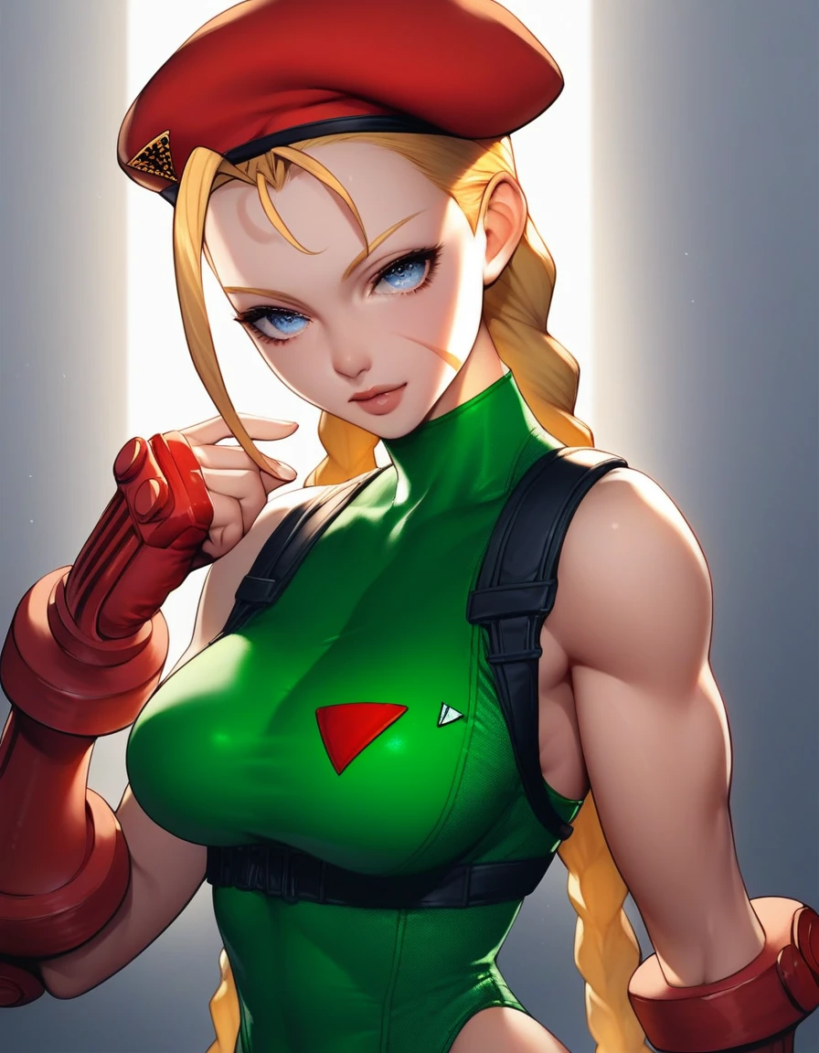 score_9, score_8_up, score_7_up, score_6_up, score_5_up, score_4_up, source_anime, medium shot, Street fighter Cammy white, red beret, leotard outfit, big breasts、sexy pose, anime big eye), gorgeous Cammy White female, beautiful eyes, seductive ,intense gaze,seductive expression,soft lighting,hentai, safe