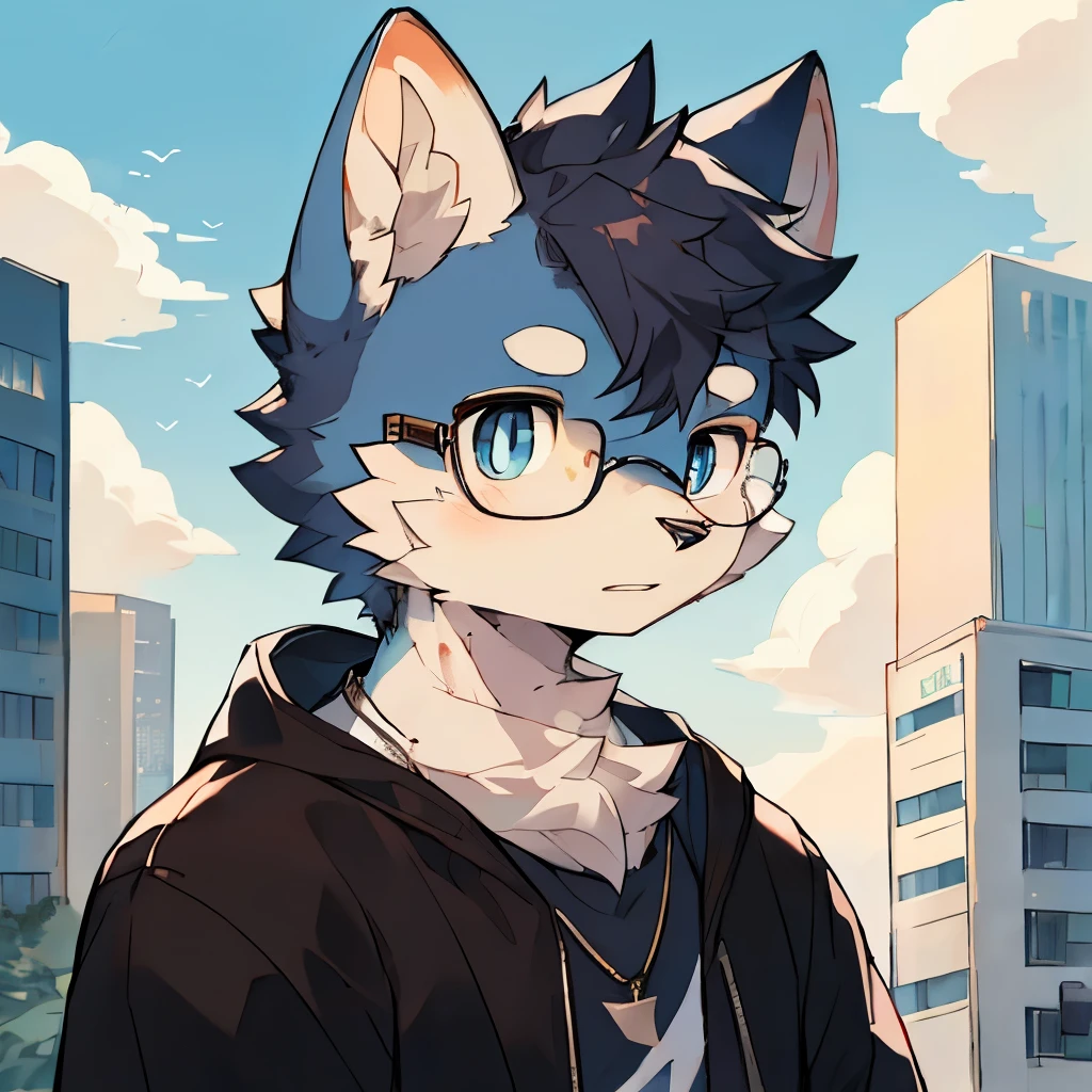 masterpiece, best quality, side, hairy, male, 18 years old,(dog), (White fur all over:1.1 ),Blue pupils , Solitary, Handsome, (Wearing casual clothes,Wearing glasses frames,脖子上带有dog项圈), Relatively loose,City, avatar, Upper Body, Dynamic Angle, cloud, Detailed background, blue sky, Sunlight