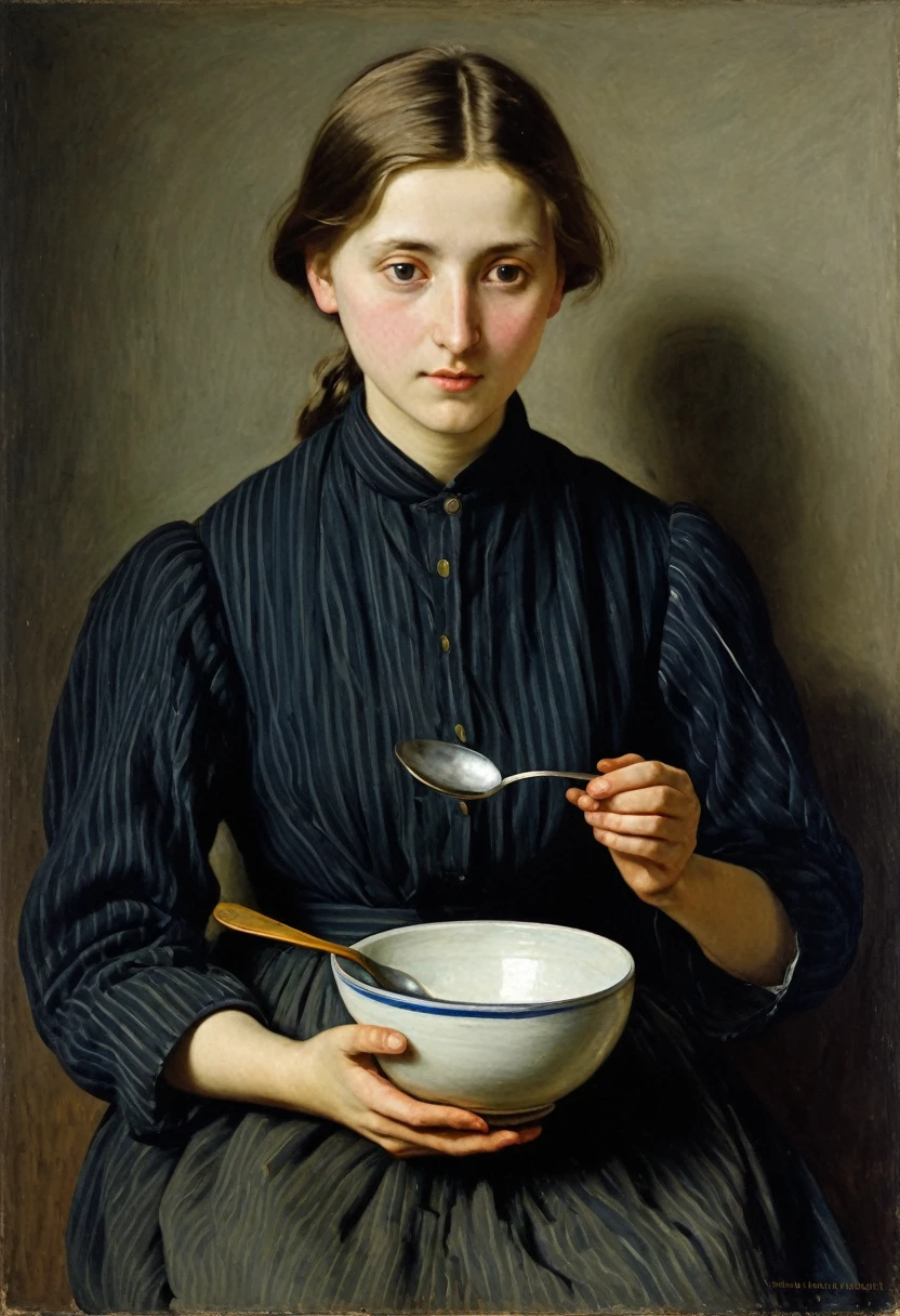 painting of a holding a bowl and a spoon, by Marie Krøyer, inspired by Hariton Platonov, by Albert Anker, by Albert Anker, by István Szőnyi, vitaly bugarov, by Philip de László, by Hubert von Herkomer, by Adolf Hirémy-Hirschl