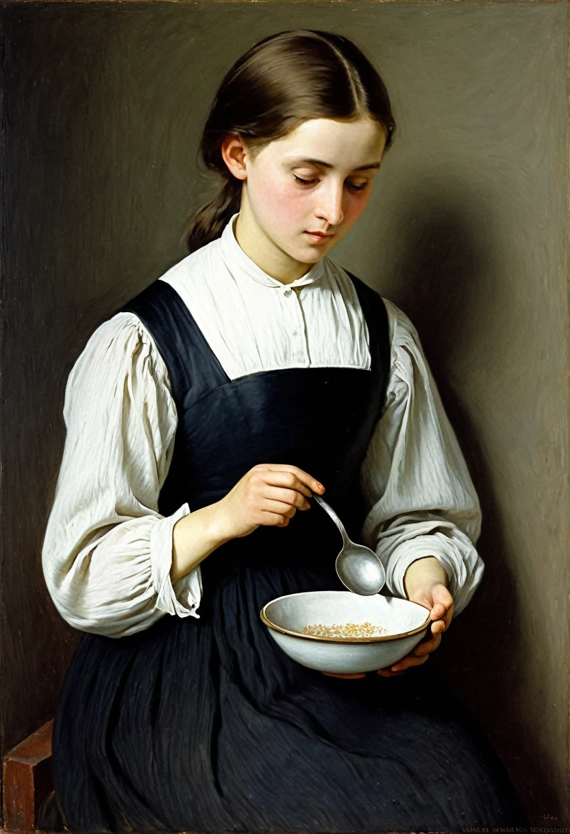 painting of a holding a bowl and a spoon, by Marie Krøyer, inspired by Hariton Platonov, by Albert Anker, by Albert Anker, by István Szőnyi, vitaly bugarov, by Philip de László, by Hubert von Herkomer, by Adolf Hirémy-Hirschl