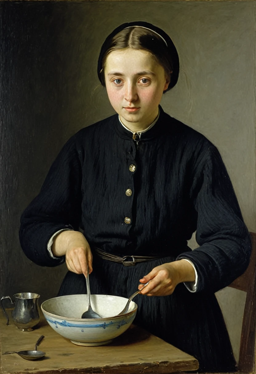 painting of a holding a bowl and a spoon, by Marie Krøyer, inspired by Hariton Platonov, by Albert Anker, by Albert Anker, by István Szőnyi, vitaly bugarov, by Philip de László, by Hubert von Herkomer, by Adolf Hirémy-Hirschl