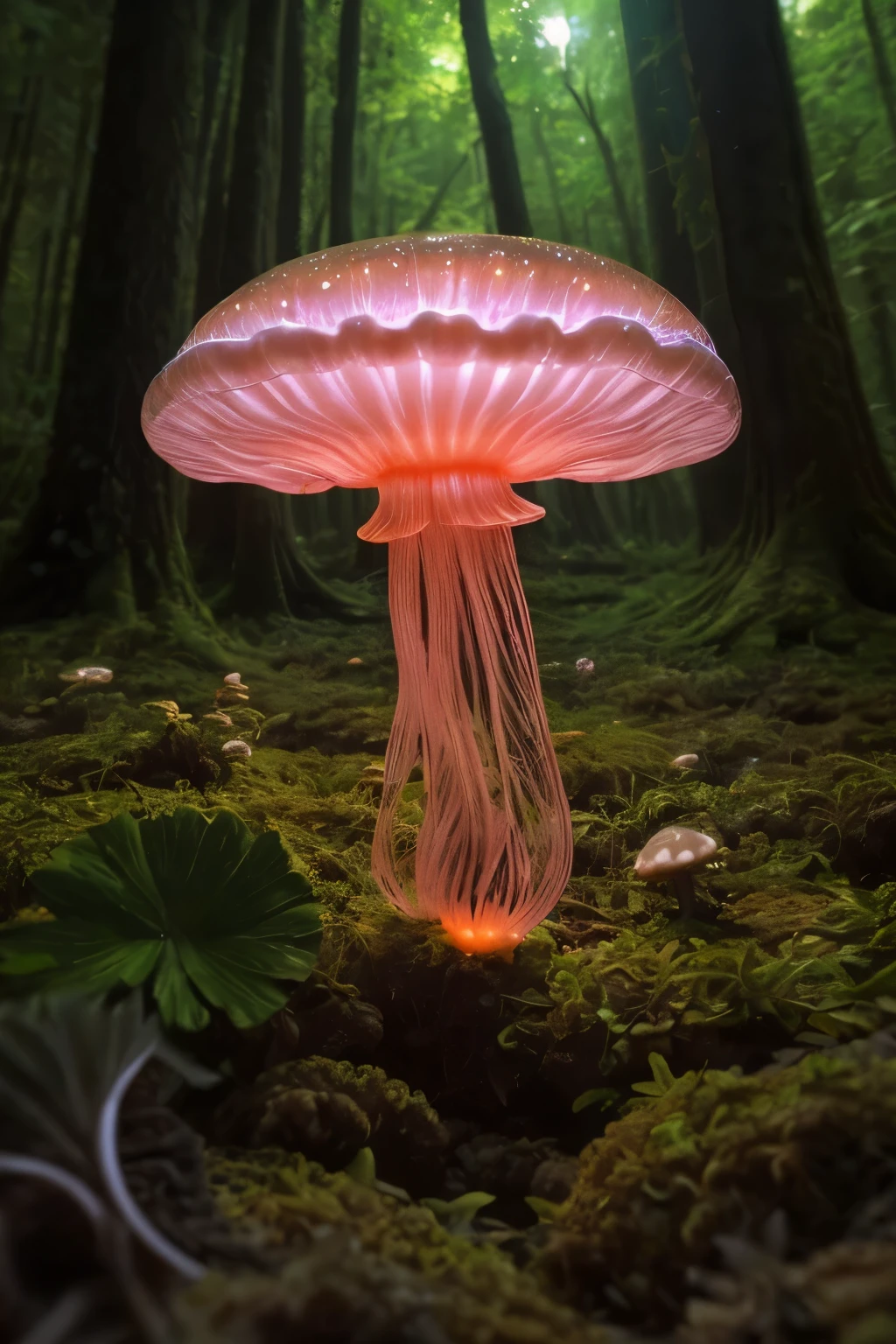 lots of small jellyfish forest with mushrooms glowing in the dark, a forest fantasy in a nature scenery, lots of small jellyfish