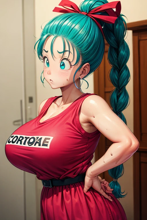 masterpiece, Highest quality,  Unreal Engine,  Super Resolution,  Very detailed, 

Beautiful woman, Bloomers, One Girl, alone, blue eyes, Blue Hair, Aqua Hair, Single Blade, Braided Ponytail, Hair Ribbon, Red ribbon, Hair Ribbon, Earrings,  Vivid expression, Healthy Body, Beautifully detailed sweat glands, Smooth skin texture, Carefully drawn, 

(humidity:1.2), Beautiful Eyes, (Attractive face:1.2), (Beautiful Skin), (Big Breasts), Puffy nipples, (Sticky with sweat), In a dynamic pose,

In the world of Dragon Ball, Capsule Corporation, 