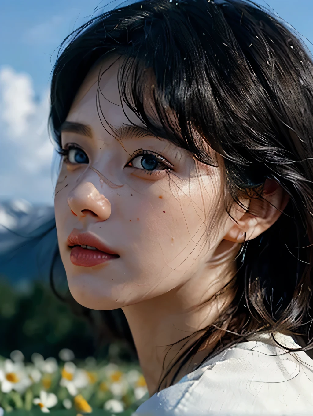 ((Pure beauty:0.8+Ultra-realistic realism:1.2),White skin texture:1.2,eyes with brightness:1.1),lightand shade contrast:1.1,high textured:1.1,Picture quality:ultra HD:1.3,The upper part of the body,tall nose bridge,dynamic angle,Face dripping with sweat, cheeks with black spots, Clouds and mountains,Flower field in the foreground,Light tracing,realisticlying,offcial art,Unity 8k Wallpaper,ultra - detailed,Beautiful and beautiful,tmasterpiece,best qualityer,Glowing skin,cinmatic lighting。