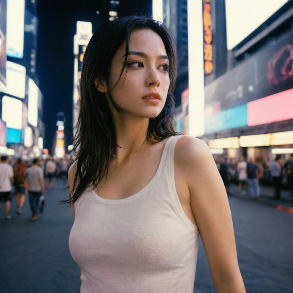 xxmixgirl,1 female detailed face time square detailed background  surreal cyberpunk shadow (lofi, analogue) dramatic lighting by Bill Sienkiewicz ( SimplepositiveXLv1:0.7), wearing white tshirt, wet and look sexy, splash detailed, kodak film by Brandon Woelfel Ryan McGinley, normal breasts, normal hips, Long Hair, High resolution, masterpiece, election of nipples, see-through nipples,High resolution, Anatomically correct, Ultra high definition, 