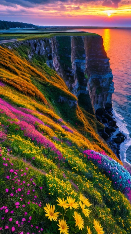nature, Detailed lighting, Sea of Flowers, null, sunset, Wind, Fallen leaves, cliff,rain