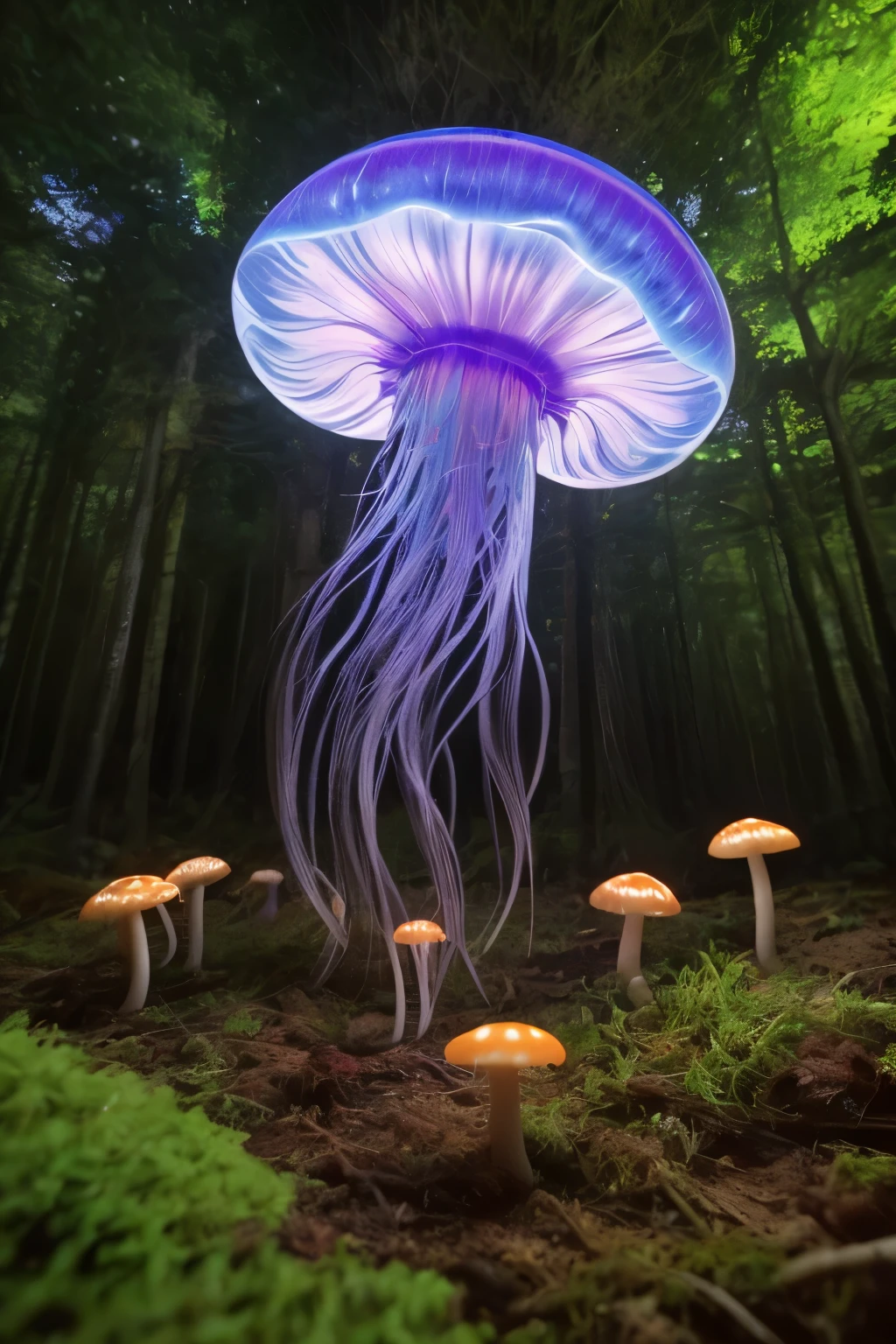 lots of small jellyfish forest with mushrooms glowing in the dark, a forest fantasy in a nature scenery, lots of small jellyfish