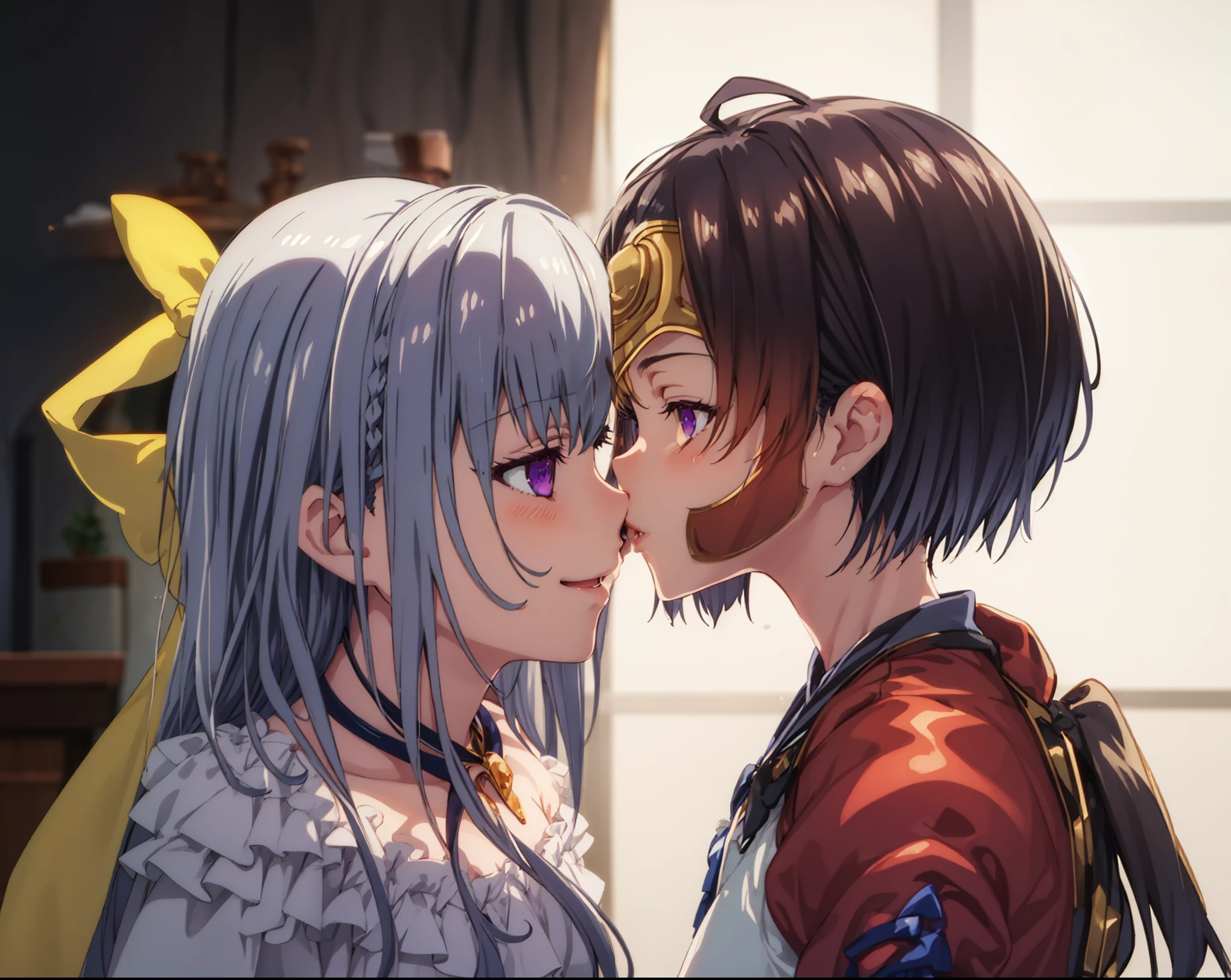 solo, {euphyllia_magenta_tenseioujototensaireijounomahoukakumei:1.15}, purple_eyes, long_hair, bangs, grey_hair, braid, bow, blurry, hair_bow, hair_ornament, 1girl，a woman kissing, kissing together cutely, realistic!!, at pixiv, happy!!!, top rated on pixiv, [ 4 k digital art ]!!, けもの, kissing together, pixiv, zerochan, popular on pixiv, exciting illustration, pixiv 3dcg, rule 34,