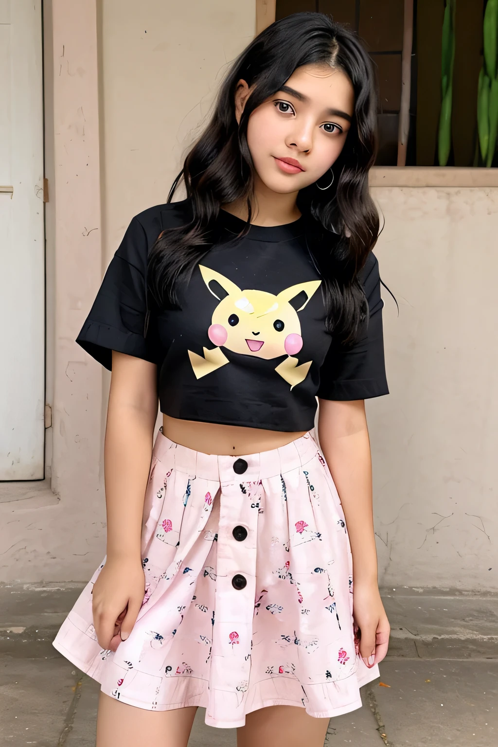 "A cute 15-year-old girl with a fair complexion, dark black hair styled in loose waves, and pink lips. She has a different yet adorable face with big, expressive eyes and a small, button nose. She is standing in front of a traditional Indian house, wearing an oversized black skirt printed with a Pikachu anime design, paired with a simple, casual top. Her expression is playful and engaging, capturing the essence of a young and cute influencer."