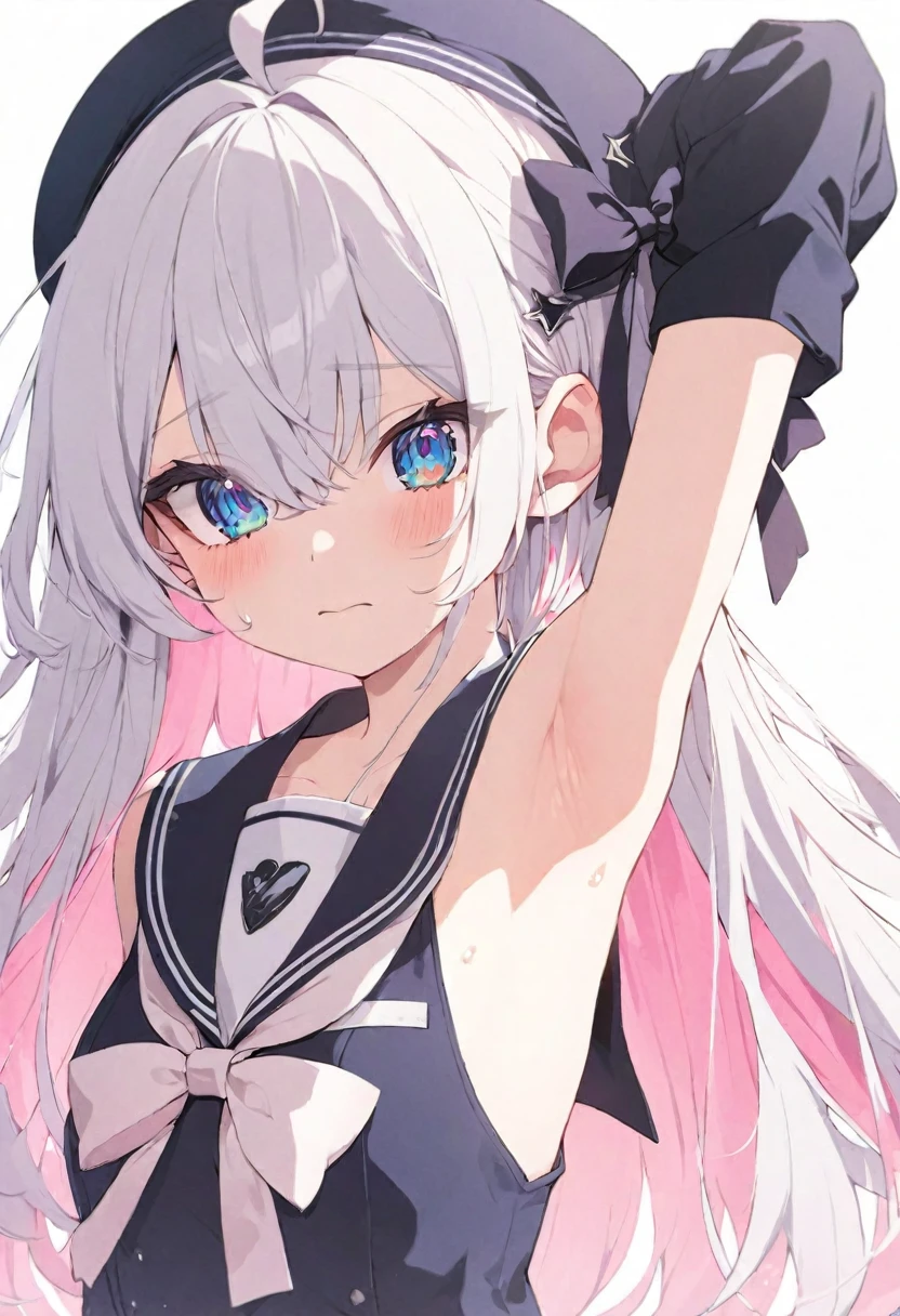 (muste piece), (best quality), (score_9, score_8_up, score_7_up), very detailed eyes, expressive eyes, perfect face, very detailed face, highly detailed face, beautiful girl, 8K, beautiful girl, white background, delicate and beautiful face and eyes, dark intense shadow, 1 girl, vtuber style, cool girl, hololive, vtuber,1 girl, vtuber style, cool girl, hololive, vtuber, Kagura , Silver hair and pink colored inner hair, long hair, blue eyes, hair between eyes, ahoge, Berets, Sailor suit, sleeveless suit, short skirt, bow, arm up, armpit, small chest, clavicle, shy expression, blush, (upper body), sweating, from back side, armpit close up, armpit focus, 