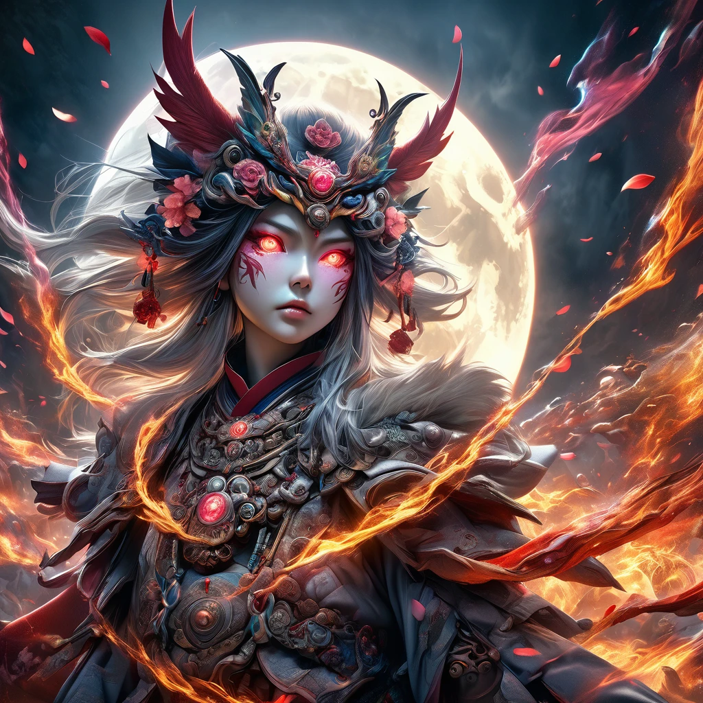 very detailed and surreal photographic image, Fantasy, Akira Hasegawa, Moon deity Tengu, confusing and complex, Poster, art station, (Best quality,4K,8 K,a high resolution,masterpiece:1.2),ultra detailed,(realistic,photorealistic,photo-realistic:1.37),portrait,conceptual art,dramatic lighting,dark moody ambience,rich colors,glowing aura,detailed facial features,piercing eyes,Sharp Focus,ornate costume,Powerful presence,floating in the air,sakura petals,full moon