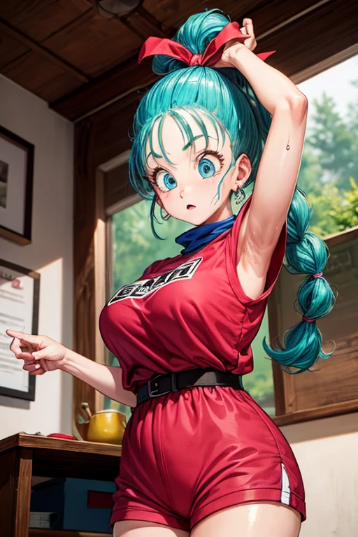 masterpiece, Highest quality,  Unreal Engine,  Super Resolution,  Very detailed, 

Beautiful woman, Bloomers, One Girl, alone, blue eyes, Blue Hair, Aqua Hair, Single Blade, Braided Ponytail, Hair Ribbon, Red ribbon, Hair Ribbon, Earrings,  Vivid expression, Healthy Body, Beautifully detailed sweat glands, Smooth skin texture, Carefully drawn, 

(humidity:1.2), Beautiful Eyes, (Attractive face:1.2), (Beautiful Skin), (Big Breasts), Puffy nipples, (Sticky with sweat), In a dynamic pose,

In the world of Dragon Ball, Capsule Corporation, 