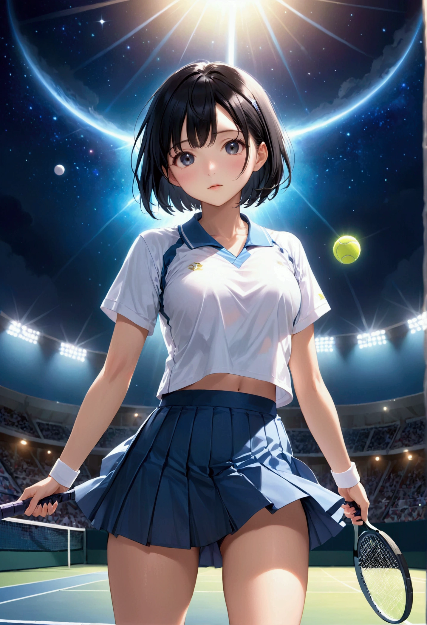 beautiful girl、Black Hair、Short Bob、Tennis uniform、Skirt lifted