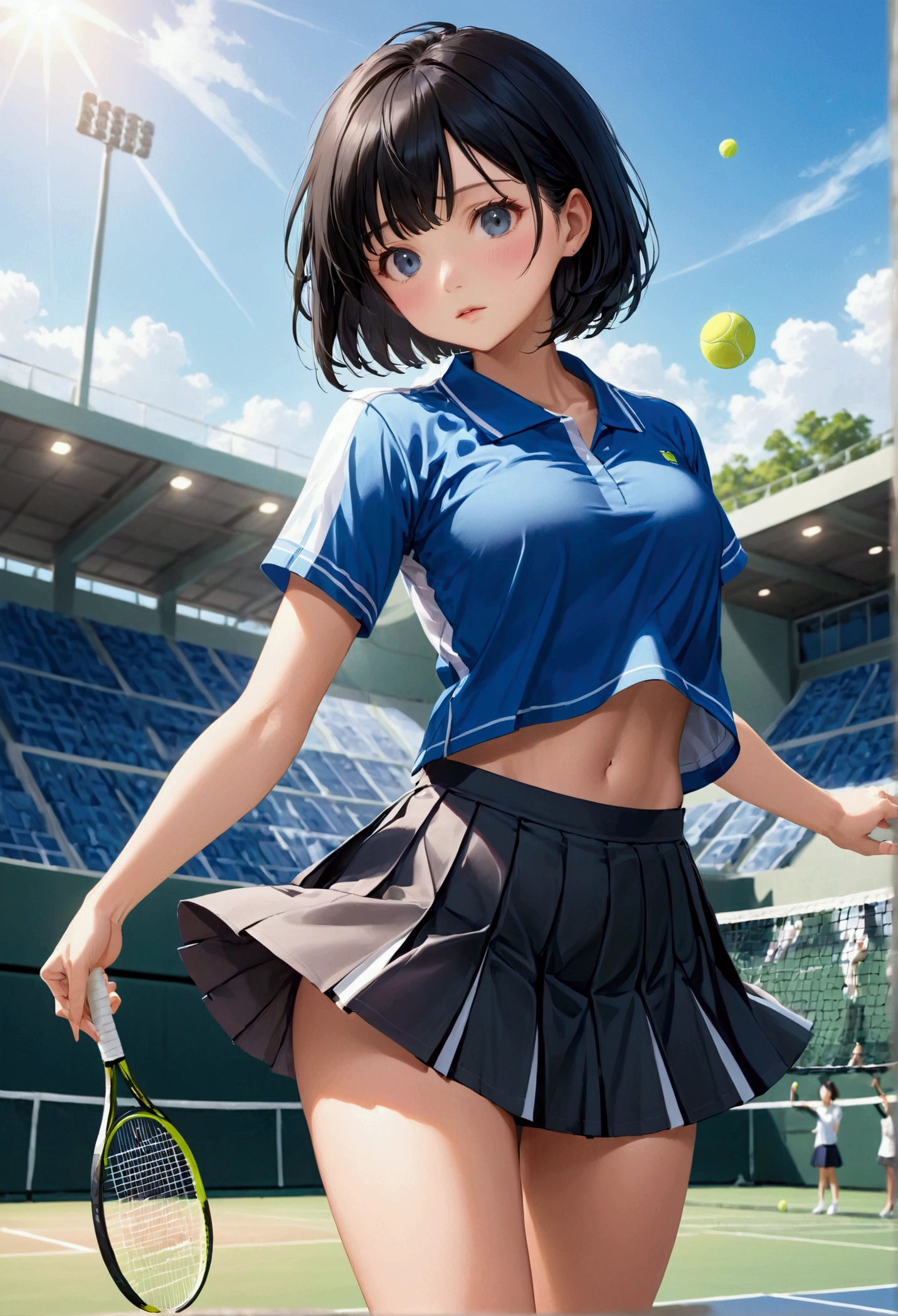 NSFW,Tennis Wear,Squeaky clean,puberty)1girl in,medium chest,abs,big tits thin waist,solo,white polo shirt,white sneakers,tennis wear,white mini skirt,master paint,top quality,boyish Photorealsitic,super detaililliert, ( shiny skin, sweat: 1. 4), looking at audience, short black hair, brown eyes, slender, dynamic light and shadow, high res,