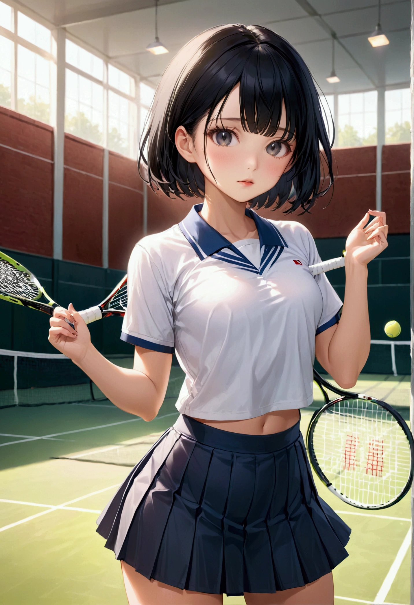 beautiful girl、Black Hair、Short Bob、Tennis uniform、Skirt lifted