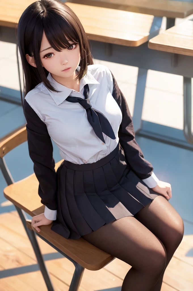 masterpiece, best quality, ultra-detailed, illustration, colorful, falt color, depth of field, lens flare,
1girl, anime, sitting, black hair, looking at viewer,school, classroom, pleated miniskirt , , serafuku, black pantyhose, detailed skin texture, detailed cloth texture, beautiful detailed face,