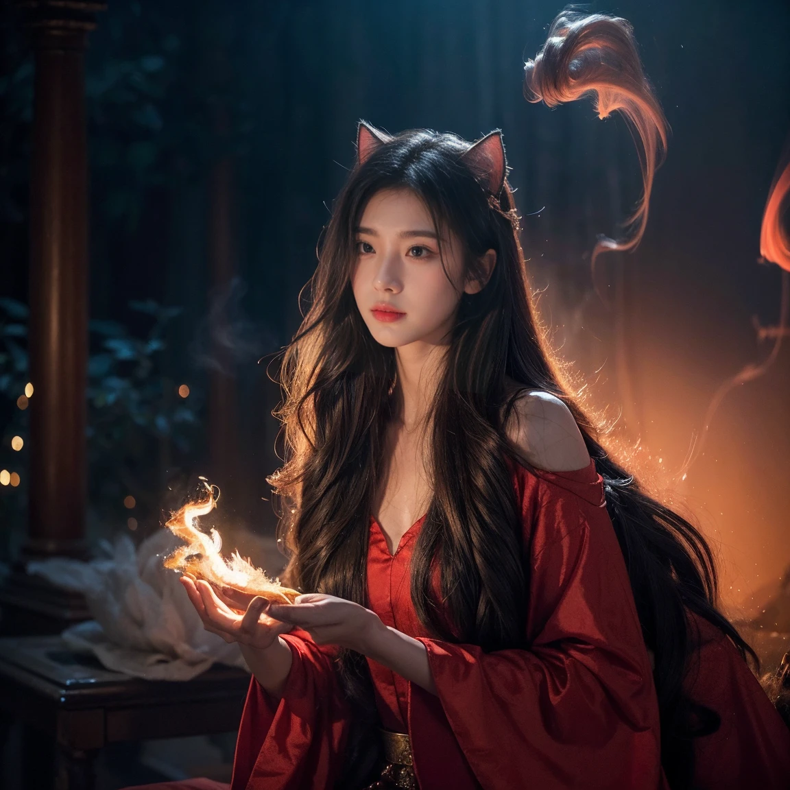 realistic, photorealistic, real photo, ethereal young cat-girl with long flowing hair, stunning beauty, a magical ancient place, surrounded by glowing red energy. Her delicate body is surrounded by smoke, capturing the emotional moment of her awakening to newfound powers, in dynamic pose, moody, dark theme,