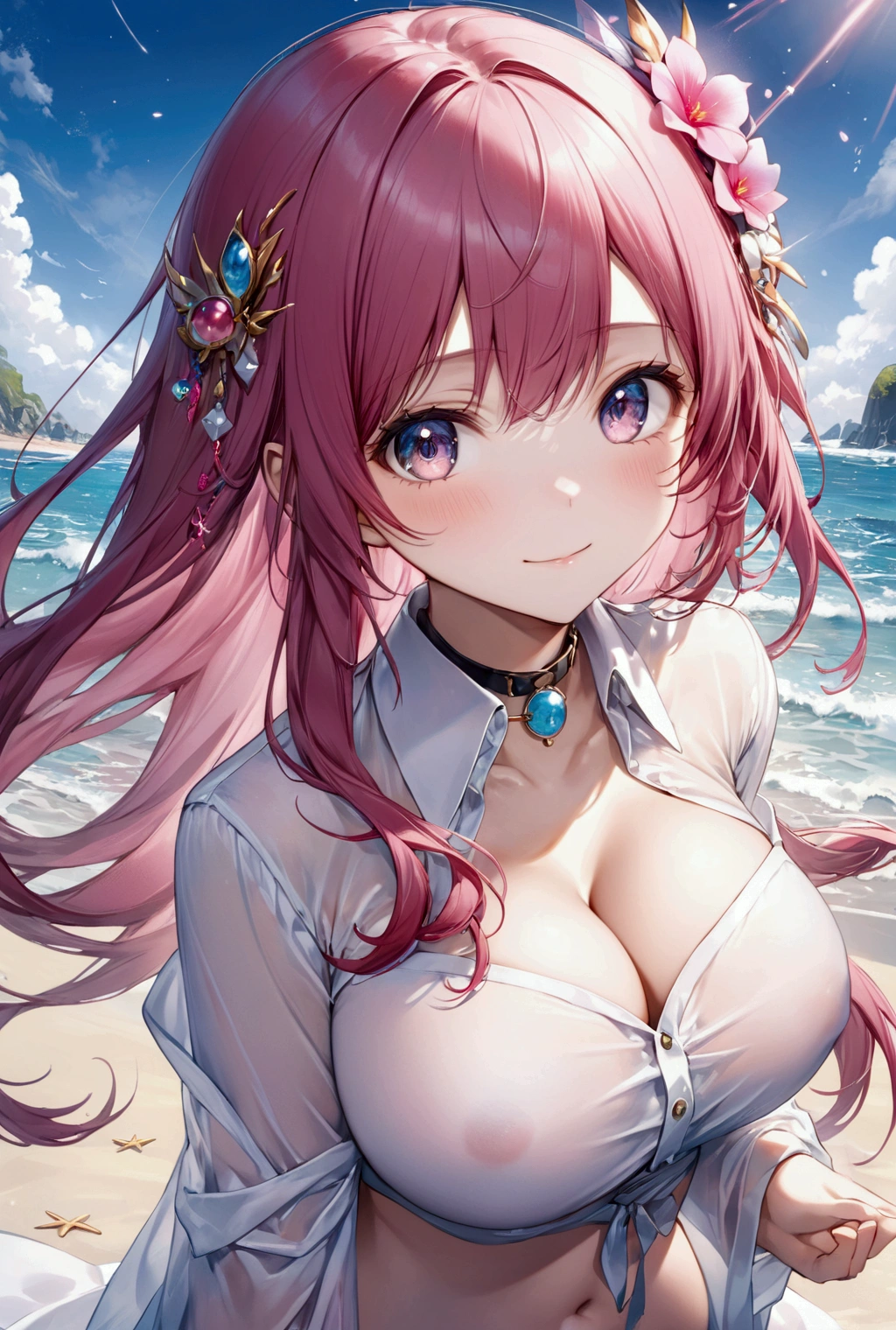 (Highest quality, 8k, 32K, masterpiece, Ultra-high resolution,:1.2),to be born, One Girl,So cute , hair ornaments, eye, Multicolored Hair,Upper Body, dark pink hair, Open chest shirtを着ている, collar, A fantasy background reminiscent of an electronic world, clear, 輝くeye, Age 25 ,Fair skin, dark pink hairの少女, Open chest shirt, Long Hair, An innocent smile, Large Breasts, Being on the beach, Uses magic, Fighting