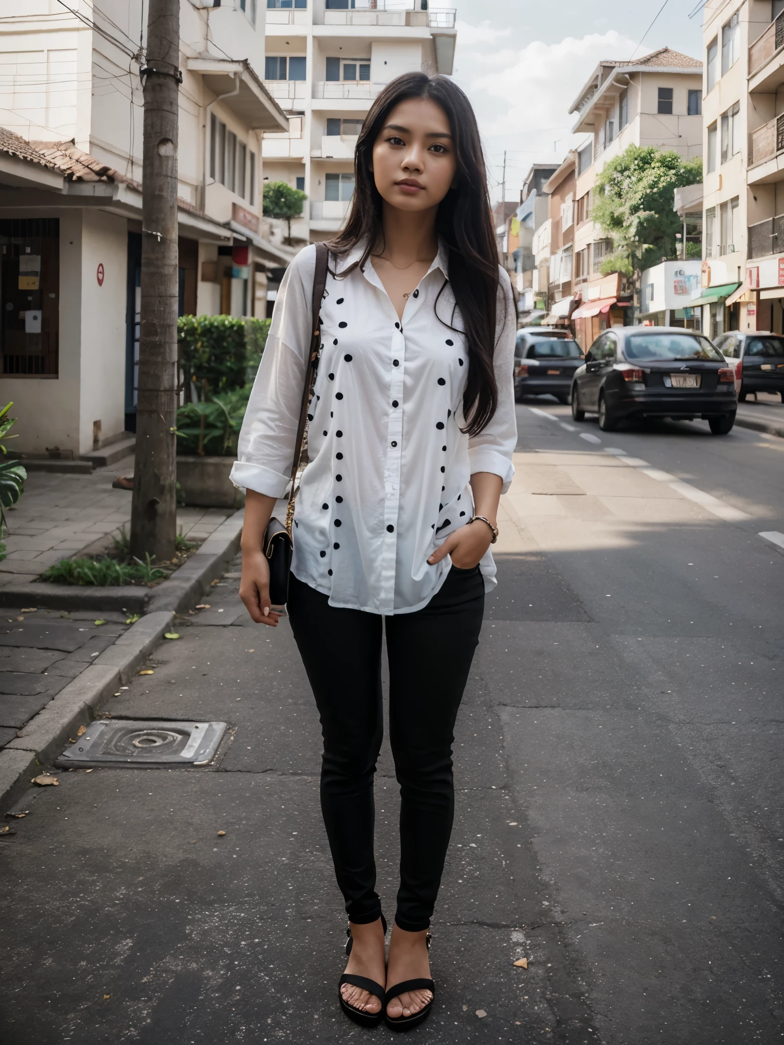 25 years old, a beautiful girl, an indonesian, white polkadot shirt, black skinny jeans, with sandal, standing, beauty, photorealistic, street, likely, loveable, 8k, perspective, black tangled hair