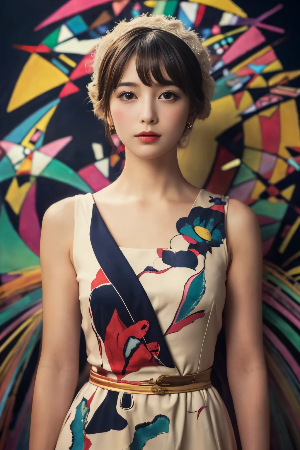 ((masterpiece:1.4, Highest quality)), (Realistic photos:1.4), (artwork),
((1 girl)), (Otherworldly beauty), (dream-like),
(超High resolution:1.2), Very delicate and beautiful, wonderful, Very detailedな CG Unity 8k 壁紙, Very detailed, High resolution,
Soft Light, Beautiful detailed girl, Very detailedな目と顔, Beautiful and exquisite nose, Beautiful and exquisite,
(Dressed in early 20th century Western European clothing:1.3),
Cinema Lighting, Perfect Anatomy, Slender body, (Parted bangs),
(Portrait of a Girl:1.5), (Kandinsky-style abstract background:1.5),
Cowboy Shot