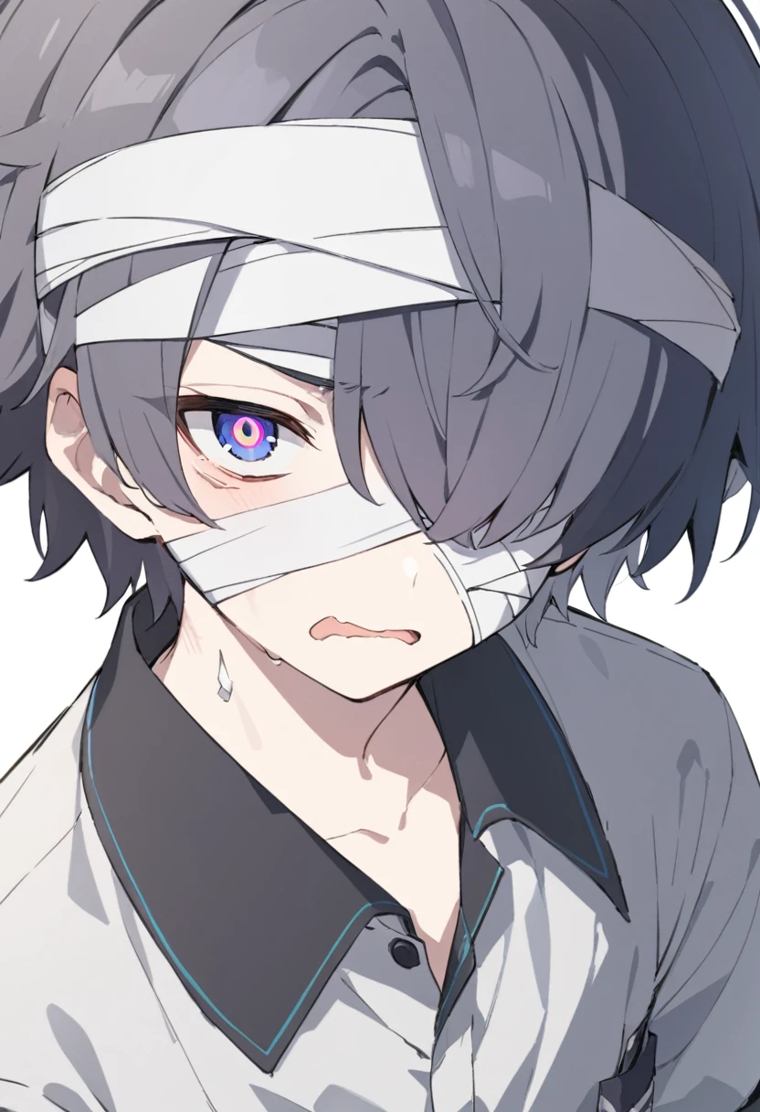 a boy of medium height, shirt-colored eyes, His face is grim and upset with one eye covered with a bandage., He is wearing a black 