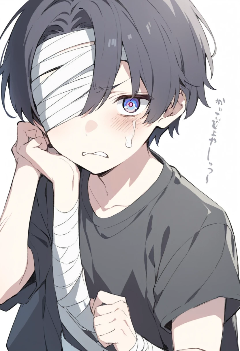 a boy of medium height, shirt-colored eyes, His face is grim and upset with one eye covered with a bandage., He is wearing a black