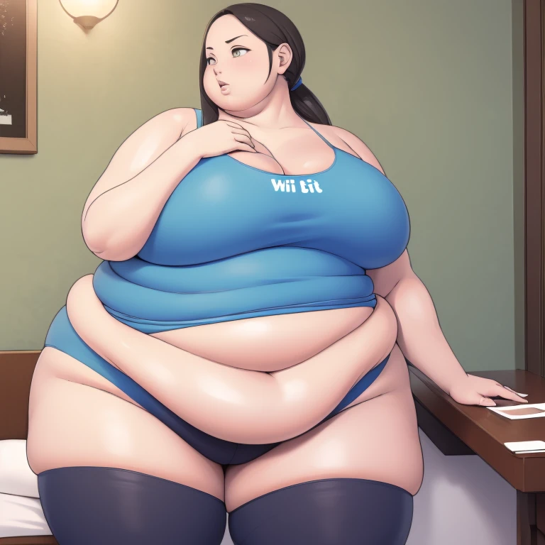 Wii fit trainer, a woman, thick body, extremely white skin, a tall and curvy figure, highres, and a hyper massive voluptuous body. She has large thick fat breasts, (gigantic breasts,  1.5), she has thick breasts, an extremely thick giant fat enormous sexy huge humongous gigantic ass, thick figure. The woman has cute long gray hair, detailed eyes, gray eyes. She has a seductive expression, ahegao expression, moaning. The woman is wearing a large blue tank top and gray yoga pants. She is standing in her bedroom, holding her belly, sweating, moaning, and gaining weight, with a sexy fat body. ((obese, fat, excess fat)), (morbidly obese body:1.5) (fat neck and chin). (Very large thighs) (((Colossal thighs, massive thighs, very large thighs))), full body, masterpiece, (NSFW), (exaggerated proportions), (hentai), (perfect anatomy), ((detailed manga illustration)), (detailed face), (4k wallpaper), (best quality,4k,8k,highres,masterpiece:1.2),ultra-detailed,(realistic,photorealistic,photo-realistic:1.37),HDR,UHD,studio lighting,ultra-fine painting,sharp focus,physically-based rendering,extreme detail description,professional,vivid colors,bokeh,portraits,goth, fantasy