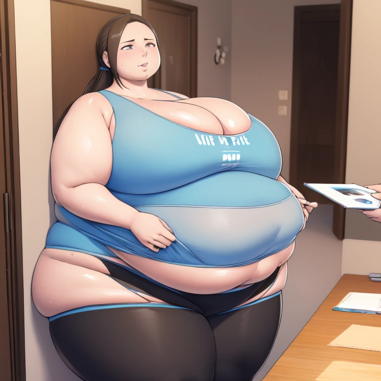 Wii fit trainer, a woman, thick body, extremely white skin, a tall and curvy figure, highres, and a hyper massive voluptuous body. She has large thick fat breasts, (gigantic breasts,  1.5), she has thick breasts, an extremely thick giant fat enormous sexy huge humongous gigantic ass, thick figure. The woman has cute long gray hair, detailed eyes, gray eyes. She has a seductive expression, ahegao expression, moaning. The woman is wearing a large blue tank top and gray yoga pants. She is standing in her bedroom, holding her belly, sweating, moaning, and gaining weight, with a sexy fat body. ((obese, fat, excess fat)), (morbidly obese body:1.5) (fat neck and chin). (Very large thighs) (((Colossal thighs, massive thighs, very large thighs))), full body, masterpiece, (NSFW), (exaggerated proportions), (hentai), (perfect anatomy), ((detailed manga illustration)), (detailed face), (4k wallpaper), (best quality,4k,8k,highres,masterpiece:1.2),ultra-detailed,(realistic,photorealistic,photo-realistic:1.37),HDR,UHD,studio lighting,ultra-fine painting,sharp focus,physically-based rendering,extreme detail description,professional,vivid colors,bokeh,portraits,goth, fantasy