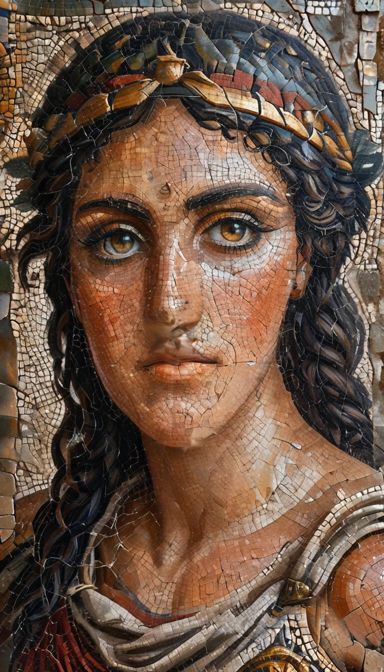 ancient Greek mosaic art of an amazon warrior holding a sword, ready for battle, beautiful amazon warrior holding a sword, ready for battle, ((full body shot: 1.5)), ((anatomically correct: 1.5)) (ultra detailed face: 1.4), dynamic skin complexion, dynamic hair style, dynamic hair color, she is wearing ancient Greek armor, armed with a Greek short sword, dynamic background, vibrant, Ultra-high resolution, High Contrast, (masterpiece:1.5), highest quality, Best aesthetics), best details, best quality, highres, 16k, [ultra detailed], masterpiece, best quality, (extremely detailed) RAW, fantasy art, dnd art, fantasy art, realistic art, (ultra details, Masterpiece, best quality), Intense gaze, flash
