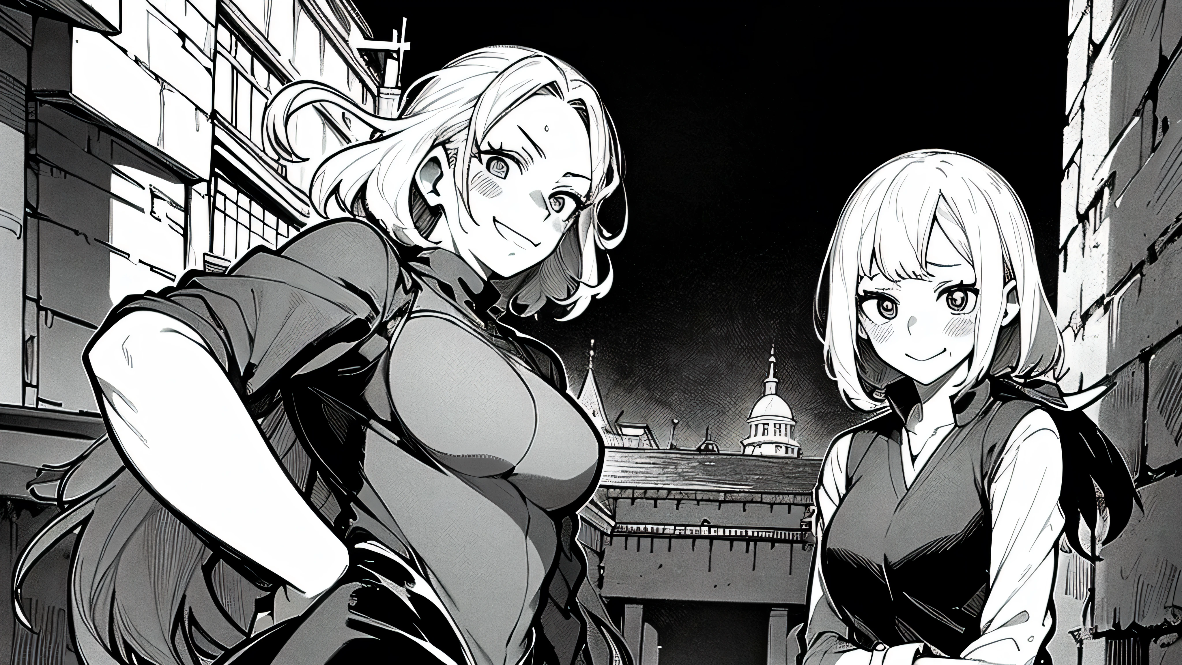 Tow Women with sword blushing, one woman is little bend with mocking smile, old town alley in background, black and white manga image