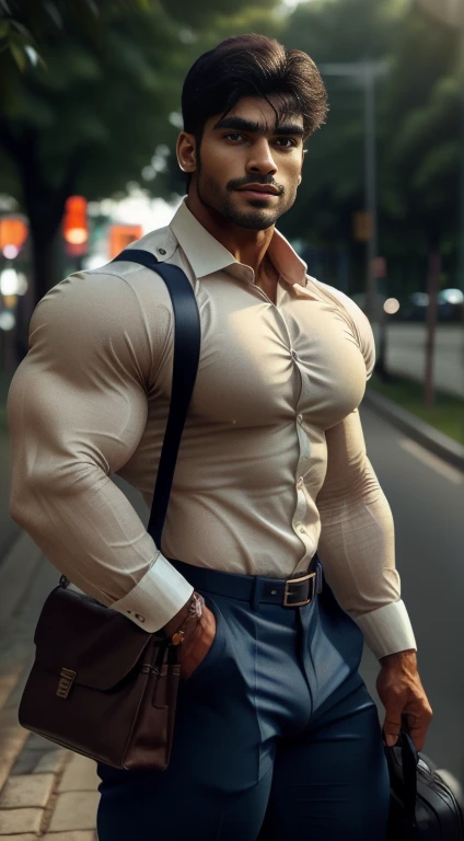 An award-winning original photo, little smiled, dimples, a wild handsome muscular indian man,( 20 years old:1.3), 1boy in one photo, Solo, (looking in camera), (formal shirt with formal trouser), bag in hand, waking on road, from front view, black hair, (big shoulders), musculature, stubbles, beard, earbuds, Beautiful eyes:1.3, ), (Detailed face:1.3), dimples, (holded penis), Dynamic front Angle view, volumetric lighting, (Best quality, A high resolution, Photorealistic), Cinematic lighting, Masterpiece, RAW photo, Intricate details, hdr, depth of field, upper body, His perfect huge bulge,masterpieces