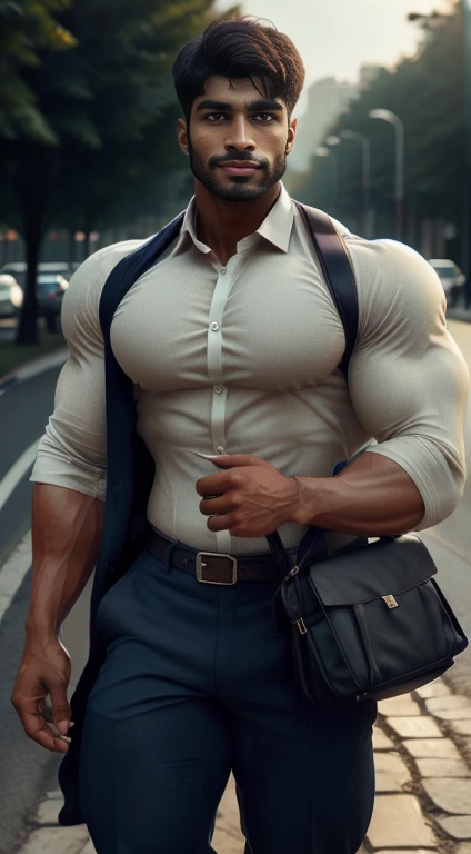 An award-winning original photo, little smiled, dimples, a wild handsome muscular indian man,( 20 years old:1.3), 1boy in one photo, Solo, (looking in camera), (formal shirt with formal trouser), bag in hand, waking on road, from front view, black hair, (big shoulders), musculature, stubbles, beard, earbuds, Beautiful eyes:1.3, ), (Detailed face:1.3), dimples, (holded penis), Dynamic front Angle view, volumetric lighting, (Best quality, A high resolution, Photorealistic), Cinematic lighting, Masterpiece, RAW photo, Intricate details, hdr, depth of field, upper body, His perfect huge bulge,masterpieces