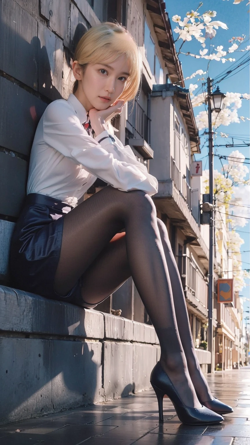 Beautiful Japanese waifu, early 30s, brunette hair, white shirt, black pencil skirt, black stockings, high heels,cute riho yoshioka