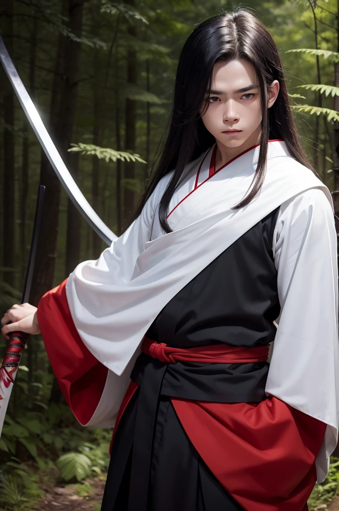 Make the image of a boy with long hair white with red, eyes black, a white kimono that shows muscular arms crossed, a closed expression, a white-handled katana with red accents on the back, with a forest behind, in the style of the Anime Demon Slayer