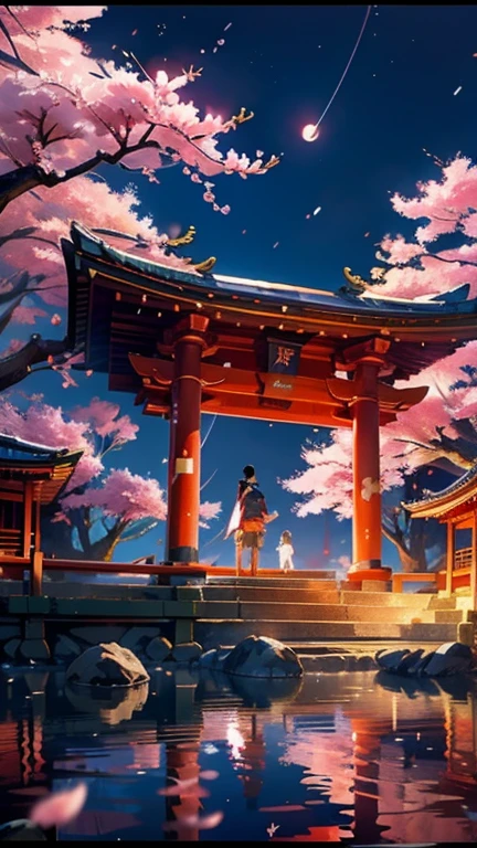 masterpiece,shrine,hope,positive,beautiful,Otorii,cherry blossoms ,Night Sky,High resolution, High resolution, 8k, masterpiece2:1,( 京都のshrine,moon)Rear view