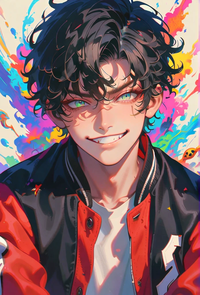 style9, 1boy, black hair, varsity jacket, cynical smile,