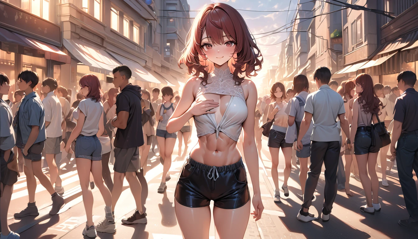 ((Center of chest, Tomboy, Small Head)), Dawn, sunlight, (Defined Abs: 1.1), (Perfect body: 1.1), (Short Wavy Hair: 1.2), Auburn Hair, Full body photo, Crowded street, Wearing a white vest, ((Shorts)), (Very detailed CG 8k 壁紙), (Very delicate and beautiful), (masterpiece), (Highest quality: 1.0), (ultra-High resolution: 1.0), Beautiful lighting, Perfect Lightning, Realistic Shadows, [High resolution], Delicate skin, Very detailed, Cute Smile