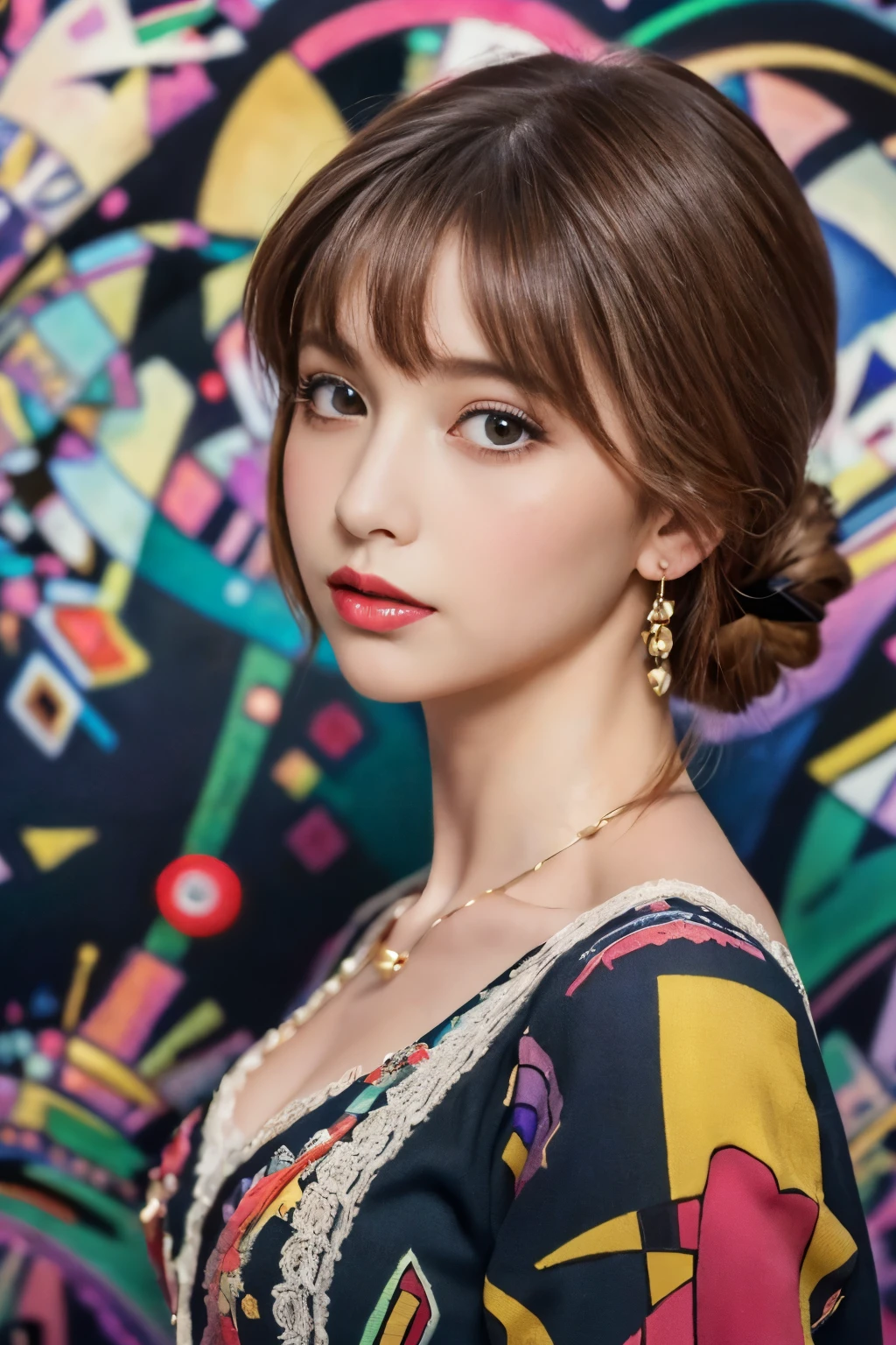 ((masterpiece:1.4, Highest quality)), (Realistic photos:1.4), (artwork),
((1 girl)), (Otherworldly beauty), (dream-like),
(超High resolution:1.2), Very delicate and beautiful, wonderful, Very detailedな CG Unity 8k 壁紙, Very detailed, High resolution,
Soft Light, Beautiful detailed girl, Very detailedな目と顔, Beautiful and exquisite nose, Beautiful and exquisite,
(Dressed in early 20th century Western European clothing:1.3),
Cinema Lighting, Perfect Anatomy, Slender body, (Parted bangs),
(Portrait of a Girl:1.5), (Kandinsky-style abstract background:1.5),
Cowboy Shot