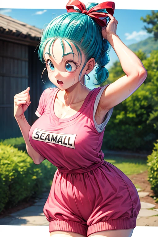 masterpiece, Highest quality,  Unreal Engine,  Super Resolution,  Very detailed, 

Beautiful woman, Bloomers, One Girl, alone, blue eyes, Blue Hair, Aqua Hair, Single Blade, Braided Ponytail, Hair Ribbon, Red ribbon, Hair Ribbon, Earrings,  Vivid expression, Healthy Body, Beautifully detailed sweat glands, Smooth skin texture, Carefully drawn, 

(humidity:1.2), Beautiful Eyes, (Attractive face:1.2), (Beautiful Skin), (Big Breasts), Puffy nipples, (Sticky with sweat), In a dynamic pose,

In the world of Dragon Ball, Capsule Corporation, 