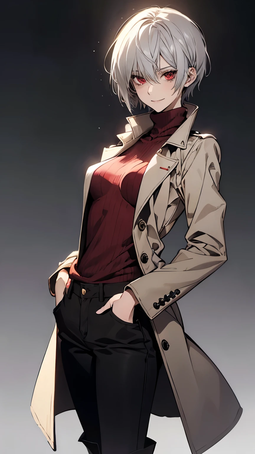 (Confused, High resolution, Very detailed), 1 female, Silver Hair,Short Hair,Bright red eyes,sweater,skinny pants,24th generation,beauty,mature,thin,quiet,Calm,A small smile,A kind smile,In front of people you like,Long coat,Slender and thin,boots,grassland,Small breasts,